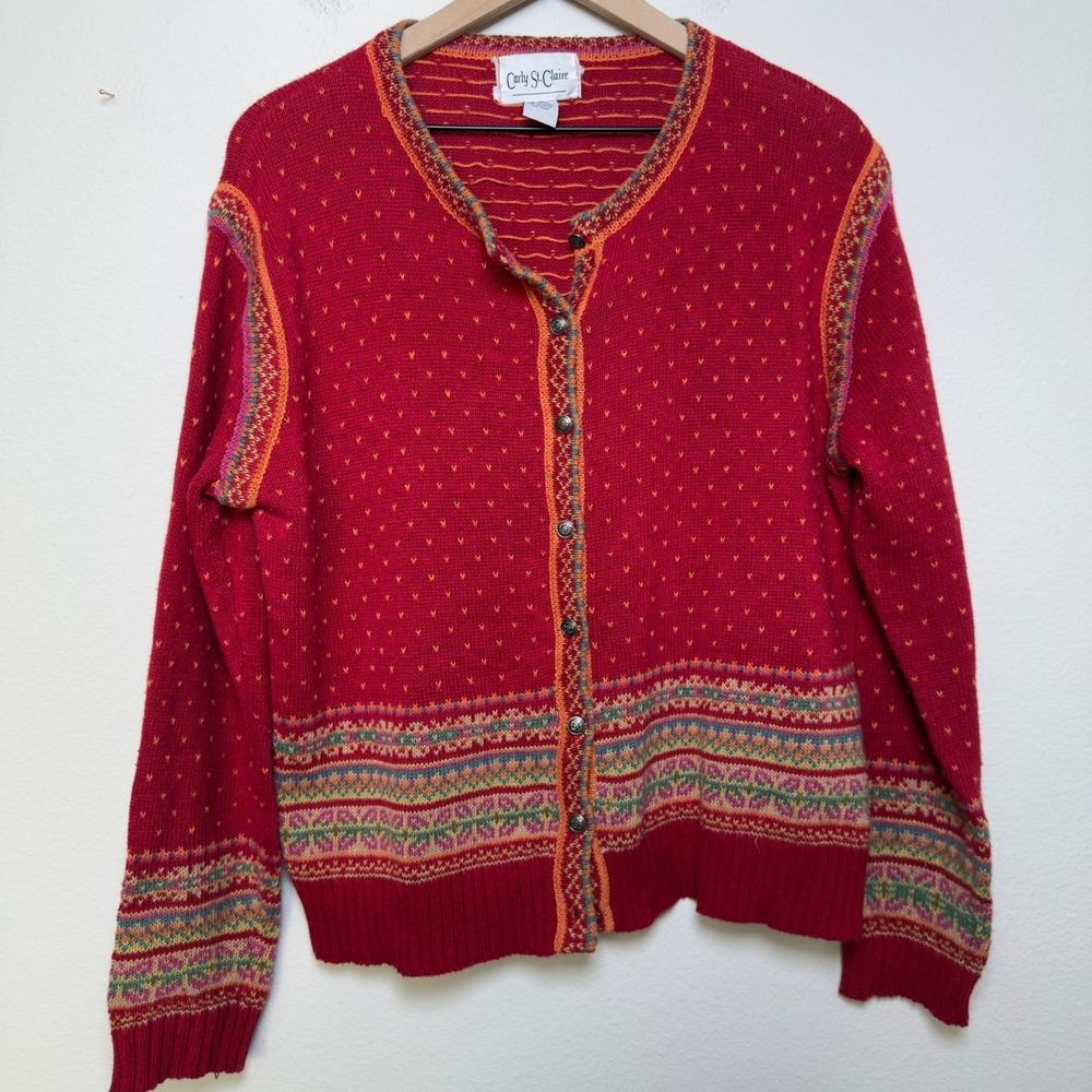 VTG‎ Carly St. Claire Women Nordic Cardigan Sweater Large Red Fair Isle Cottage